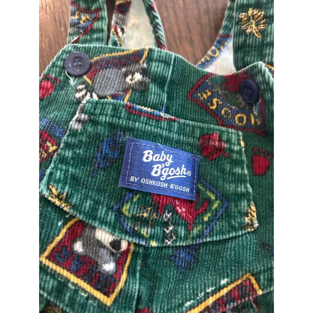 Vintage Baby Bgosh OshKosh Green Corduroy Woodland Animal Overalls 24M Made USA